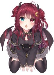 Rule 34 | 1girl, ahoge, between legs, black capelet, black dress, black thighhighs, blue eyes, blush, breasts, brown wings, capelet, chestnut mouth, commentary request, crescent, crescent hair ornament, demon girl, demon horns, demon wings, dress, fang, frilled capelet, frilled dress, frills, full body, hair intakes, hair ornament, hand between legs, head tilt, heterochromia, highres, horns, long hair, long sleeves, nijisanji, open mouth, red eyes, red hair, senagawa roro, simple background, sitting, sleeves past wrists, small breasts, solo, thighhighs, two side up, very long hair, virtual youtuber, wariza, white background, wings, yuzuki roa