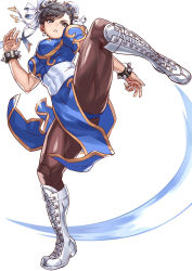 Rule 34 | 1girl, bad id, bad pixiv id, boots, bracelet, breasts, brown eyes, brown hair, capcom, china dress, chinese clothes, chun-li, commentary request, cross-laced footwear, double bun, dress, earrings, fighting stance, full body, hair bun, highres, jewelry, kicking, knee boots, lace-up boots, leotard, leotard under clothes, lips, medium breasts, pantyhose, parted lips, pelvic curtain, puffy short sleeves, puffy sleeves, shiny clothes, short sleeves, simple background, solo, spiked bracelet, spikes, street fighter, white background, white footwear, yagi2013