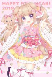 Rule 34 | 1girl, 2018, :d, animal, animal ears, black footwear, blush, bone hair ornament, bow, brown hair, chinese zodiac, commentary request, dog, dog ears, dog girl, dog tail, egasumi, floral print, frilled skirt, frilled sleeves, frilled thighhighs, frills, hair between eyes, hair bow, hair ornament, happy new year, head tilt, heart, heart hair ornament, himetsuki luna, japanese clothes, kimono, long hair, long sleeves, looking at viewer, new year, open mouth, original, outstretched arm, pink bow, pink kimono, pink ribbon, print bow, print kimono, print skirt, purple eyes, ribbon, sandals, short kimono, sidelocks, skirt, smile, solo, standing, standing on one leg, tail, thighhighs, twintails, very long hair, white thighhighs, wide sleeves, year of the dog, yellow skirt, zouri