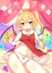 Rule 34 | 1girl, animal ears, animal print, bare arms, blonde hair, blush, bracelet, rabbit print, clothes lift, dress, dress lift, flandre scarlet, flower, hair ornament, hair scrunchie, heart, heart-shaped pillow, highres, jewelry, looking at viewer, navel, panties, paragasu (parags112), pillow, print panties, rabbit ears, rabbit panties, rabbit print, red dress, red eyes, scrunchie, side ponytail, sitting, sleeveless, sleeveless dress, smile, solo, thighs, tongue, tongue out, touhou, underwear, white panties, wings