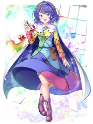 Rule 34 | 1girl, aka tawashi, blue eyes, cape, dress, hairband, highres, multicolored clothes, multicolored dress, multicolored hairband, patchwork clothes, pointing, pointing up, rainbow, rainbow gradient, red button, sky print, solo, tenkyuu chimata, touhou, two-sided cape, two-sided fabric, unconnected marketeers, white cape