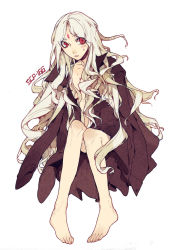 Rule 34 | 1girl, artist request, barefoot, blush, breasts, cleavage, cloak, facial mark, feet, forehead mark, long hair, messy hair, naked cloak, pigeon-toed, red eyes, scp-166, scp foundation, silver hair, solo, toes, very long hair
