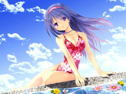 Rule 34 | 1girl, bad id, bad pixiv id, breasts, casual one-piece swimsuit, cleavage, cloud, collarbone, day, floral print, flower, hairband, kobayashi chisato, long hair, medium breasts, one-piece swimsuit, original, purple eyes, purple hair, sky, solo, swimsuit, water, wind