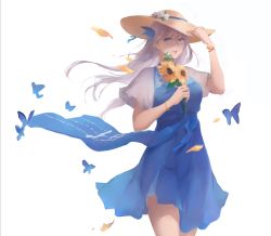 Rule 34 | 1girl, bad id, bad pixiv id, blue dress, blue eyes, closed mouth, dress, flower, flower hat, hair ribbon, hand on headwear, hat, holding, holding flower, lexington (warship girls r), long hair, looking at viewer, petals, resolution mismatch, ribbon, rifu (643763873), silver hair, solo, source larger, sun hat, warship girls r, white background