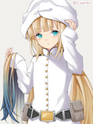 Rule 34 | 1other, androgynous, blonde hair, blue eyes, captain (fate/grand order), captain nemo (fate), fate/grand order, fate (series), hat, long hair, long sleeves, military, military uniform, nemo (fate), satou yumeri, solo, turban, twintails, uniform, white hat