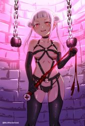 Rule 34 | 1girl, absurdres, arashi chisato, areola slip, bdsm, black gloves, black panties, black thighhighs, box wonderland, brick wall, cameltoe, chain, choker, collarbone, commentary, dominatrix, double bun, dungeon, english commentary, femdom, garter straps, gloves, hair bun, highres, looking at viewer, love live!, love live! superstar!!, navel, panties, pink eyes, shade, solo, standing, thighhighs, twintails, underwear, whip, white hair