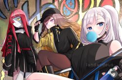 Rule 34 | 3girls, absurdres, anya melfissa, artist name, baseball cap, belt, belt pouch, black belt, black choker, black coat, black gloves, black hat, black jacket, black mask, black shirt, black skirt, blonde hair, blowing bubbles, blue eyes, braid, breasts, bright pupils, brown hair, choker, coat, collarbone, colored skin, earrings, fingerless gloves, gloves, gradient hair, graffiti, grey hair, grey skin, hair ornament, hair over one eye, hand in pocket, hat, highres, holding, holding clothes, holding hat, hololive, hololive indonesia, holoro, jacket, jewelry, kureiji ollie, landacdeus, large breasts, long hair, mask pull, multicolored clothes, multicolored hair, multicolored jacket, multiple girls, open clothes, open coat, pantyhose, pavolia reine, pink hair, ponytail, pouch, shirt, skirt, sleeveless, sleeveless shirt, spray can, stitched face, stitched leg, stitches, streaked hair, two-tone jacket, virtual youtuber, white pupils, x hair ornament, yellow eyes, yellow jacket