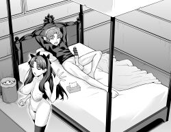 Rule 34 | 1boy, 1girl, absurdres, ankoman, ass, bar censor, bed, bedroom, breasts, censored, clothes, erection, fate/grand order, fate (series), grabbing, group sex, highres, large breasts, large penis, long hair, lying, matou shinji, monochrome, on bed, open clothes, open mouth, penis, short hair, testicles, thighhighs, tohsaka rin, veins, veiny penis
