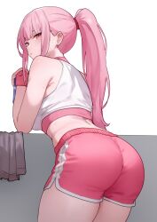Rule 34 | 1girl, absurdres, ass, ass focus, back, bare shoulders, bent over, bluefield, blunt bangs, blush, breasts, crop top, drink, from behind, gym shorts, highres, holding, holding drink, hololive, hololive english, huge ass, large breasts, leaning forward, leaning on object, long hair, looking at viewer, looking back, midriff, mori calliope, open mouth, pink hair, pink shorts, ponytail, red eyes, shirt, shorts, sideboob, sidelocks, solo, sport wear, sports bra, sportswear, sweat, thick thighs, thighs, towel, virtual youtuber, white shirt, workout clothes, wristband