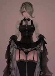 Rule 34 | 1girl, absurdres, artist name, bad id, bad tumblr id, black gloves, black panties, black thighhighs, black vest, breasts, brown background, closed mouth, clothes lift, commentary, cowboy shot, danganronpa (series), danganronpa v3: killing harmony, frilled skirt, frilled thighhighs, frills, garter straps, gloves, green eyes, green hair, grey necktie, hair over one eye, highres, lifting own clothes, long skirt, long sleeves, looking at viewer, maid, matilda fiship, medium breasts, necktie, one eye covered, panties, patreon logo, pink lips, pleated skirt, shirt, silk, simple background, skirt, skirt lift, smile, solo, spider web, standing, thighhighs, tojo kirumi, underwear, vest, white shirt