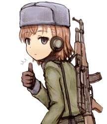 Rule 34 | 1girl, ^^^, ak-47, alternate costume, assault rifle, black gloves, brown hair, commentary request, empty eyes, expressionless, gloves, grey eyes, grey hat, grey jacket, gun, hand up, hat, headset, jacket, kalashnikov rifle, long sleeves, looking at viewer, misaka imouto, rifle, shirosato, short hair, simple background, solo, swept bangs, thumbs up, toaru majutsu no index, upper body, weapon, weapon on back, white background