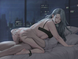Rule 34 | 1boy, 1girl, anus, ass, ass grab, black bra, black panties, bra, breasts, censored, city, cityscape, closed eyes, cowgirl position, faceless, faceless male, feet, girl on top, grey hair, hetero, highres, indoors, jeneral, legs, long hair, mosaic censoring, night, niijima sae, on bed, open bra, open mouth, panties, panties around leg, penis, persona, persona 5, pussy, sex, sideboob, spread anus, spread pussy, straddling, underwear, vaginal