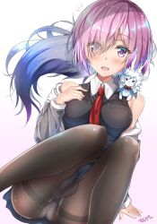 Rule 34 | 1girl, bare shoulders, black dress, black pantyhose, blush, breasts, dress, eyes visible through hair, fate/grand order, fate (series), fou (fate), grey jacket, hair over one eye, hand on own chest, happy, highres, jacket, light purple hair, long sleeves, looking at viewer, mash kyrielight, medium breasts, open clothes, open jacket, open mouth, panties, panties under pantyhose, pantyhose, pantyshot, red neckwear, short hair, sitting, sunsun2812, thighband pantyhose, underwear, white background, white panties