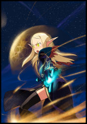 Rule 34 | blonde hair, blood elf (warcraft), feathers, gloves, long hair, miharu (cgsky), moon, pointy ears, priest (warcraft), solo, thighhighs, warcraft, world of warcraft, yellow eyes