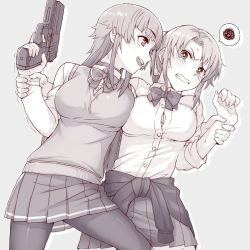 Rule 34 | 2girls, :d, anger vein, blonde girl (itou), blush, bow, bowtie, breasts, bursting breasts, clenched teeth, clothes around waist, collared shirt, commentary request, eye contact, finger on trigger, grey background, greyscale, gun, handgun, highres, holding another&#039;s wrist, itou (onsoku tassha), jacket, jacket around waist, large breasts, long hair, long sleeves, looking at another, monochrome, multiple girls, open mouth, original, outline, pantyhose, pistol, pleated skirt, ponytail, shirt, simple background, skirt, smile, spoken squiggle, squiggle, sweatdrop, tears, teeth, vest, weapon, wide-eyed, wing collar