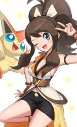 Rule 34 | 1girl, blue eyes, breasts, brown hair, clothing cutout, commentary request, creatures (company), curly hair, game freak, gen 5 pokemon, gonzarez, high ponytail, highres, hilda (pokemon), hilda (sygna suit) (pokemon), large breasts, legendary pokemon, long hair, mythical pokemon, navel, navel cutout, nintendo, official alternate costume, one eye closed, pokemon, pokemon (creature), pokemon masters ex, short shorts, shorts, sidelocks, thighs, v, victini