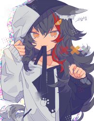 Rule 34 | 1girl, :3, animal ear fluff, animal ears, auko, black hair, black hoodie, clothes in mouth, commentary request, highres, hololive, hood, hoodie, long hair, looking at viewer, messy hair, multicolored hair, no nose, ookami mio, ookami mio (casual), red hair, shadow, signature, simple background, smile, solo, streaked hair, tail, two-tone hoodie, upper body, virtual youtuber, white background, white hoodie, wolf ears, wolf girl, wolf tail, x, yellow eyes