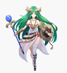 Rule 34 | 1girl, absurdres, ancient greek clothes, armlet, belt, breasts, chiton, dress, forehead jewel, grimmelsdathird, high heels, highres, jewelry, kid icarus, laurel crown, legs, long legs, multiple belts, nintendo, palutena, parted bangs, pendant, sandals, side slit, single thighhigh, solo, strapless, strapless dress, thighhighs, thighs, tiara, vambraces, white thighhighs