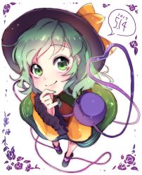 Rule 34 | 1girl, bad id, bad twitter id, blush, capelet, closed mouth, commentary, dated, foreshortening, from above, green eyes, green hair, green nails, green skirt, hand on own chin, hat, heart, highres, komeiji koishi, long sleeves, looking at viewer, looking up, nail polish, perspective, shoes, skirt, smile, solo, speech bubble, standing, third eye, touhou, vanilla (miotanntann), wide sleeves
