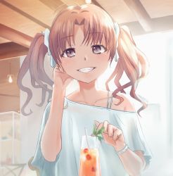 Rule 34 | 1girl, ahoge, astuffds, bare shoulders, bow, brown eyes, brown hair, cafe, ceiling, cocktail, collarbone, cup, drink, drinking glass, drinking straw, hair bow, hand on own cheek, hand on own face, highres, indoors, light rays, looking at viewer, off-shoulder shirt, off shoulder, pov across table, restaurant, shirai kuroko, shirt, signature, smile, solo, sunbeam, sunlight, toaru kagaku no railgun, toaru majutsu no index, watch, white bow, white shirt