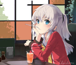 Rule 34 | 10s, 1girl, blue eyes, blush, charlotte (anime), copyright name, cup, drink, drinking straw, hand on own chin, head rest, long hair, looking at viewer, max melon, mouth hold, school uniform, serafuku, silver hair, sitting, solo, tomori nao, twintails, two side up