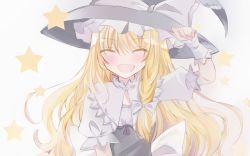 Rule 34 | 1girl, :d, ^ ^, arm up, bad id, bad pixiv id, black dress, black hat, blonde hair, blush, bow, braid, closed eyes, dress, facing viewer, fang, grey background, hair bow, hair over shoulder, hat, kirisame marisa, long hair, nanase nao, open mouth, puffy short sleeves, puffy sleeves, shirt, short sleeves, single braid, smile, solo, star (symbol), touhou, very long hair, white bow, white shirt, witch hat