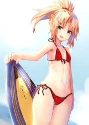 Rule 34 | 1girl, arm at side, bad id, bad pixiv id, beach, bikini, blonde hair, cowboy shot, day, fate/grand order, fate (series), flat chest, front-tie bikini top, front-tie top, green eyes, halterneck, highres, holding, holding behind back, lens flare, long hair, looking at viewer, mordred (fate), mordred (fate) (all), mordred (fate/apocrypha), mordred (swimsuit rider) (fate), mordred (swimsuit rider) (first ascension) (fate), navel, open mouth, outdoors, parted bangs, ponytail, red bikini, side-tie bikini bottom, sidelocks, smile, solo, string bikini, sukemyon, surfboard, swimsuit, thighs