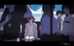 Rule 34 | arm support, blue sky, blurry, blurry foreground, cloud, extra, closed eyes, faceless, faceless female, faceless male, highres, idolmaster, idolmaster shiny colors, letterboxed, netami, red eyes, shirt, shorts, sky, solo focus, torn clothes, torn shorts, train interior, white shirt