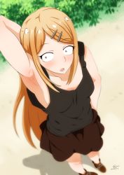 Rule 34 | 10s, 1girl, arm behind head, arm up, armpits, artist name, bad id, bad pixiv id, black shirt, blue bra, blurry, bra, breasts, brown eyes, brown footwear, brown hair, brown skirt, bush, constricted pupils, dagashi kashi, dated, day, depth of field, endou saya, fang, from above, hair ornament, hairclip, hand on own hip, highres, k.ty (amejin), legs, open mouth, path, road, shirt, shoes, signature, skirt, small breasts, solo, standing, tank top, underwear