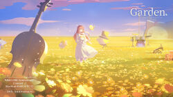 Rule 34 | 1boy, 1girl, animal, anniversary, artist request, bare legs, black headwear, cat, cello, clear sky, cloud, commentary, copyright name, dated, dress, drum, drum set, dusk, english commentary, english text, faceless, faceless female, field, flower, flower field, gift, grass, hat, highres, holding, holding animal, holding cat, infinity nikki, instrument, long hair, miracle nikki, momo (miracle nikki), nikki (miracle nikki), official art, outdoors, piano, pink hair, ribbon, shining nikki, sky, trumpet, white dress, yellow cloak
