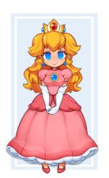 Rule 34 | 1girl, blonde hair, blue background, blue eyes, blue gemstone, breasts, brooch, closed mouth, crown, dot nose, dress, earrings, elbow gloves, eyelashes, full body, gem, gloves, highres, jewelry, long dress, long hair, looking at viewer, mario (series), mbeams3, medium breasts, nintendo, no socks, own hands together, pink dress, pink footwear, princess, princess peach, puffy short sleeves, puffy sleeves, short sleeves, smile, solo, standing, super mario bros. 1, taut clothes, taut dress, very big eyes, white background, white gloves
