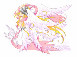Rule 34 | 0580 (artist), 1girl, angel wings, angewomon, armor, asymmetrical clothes, blonde hair, breastplate, character name, copyright name, covered eyes, digimon, digimon (creature), digimon adventure, elbow gloves, gloves, helmet, long hair, looking back, multiple wings, shawl, smile, solo, wings, zipper