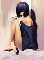 Rule 34 | 1girl, absurdres, against wall, arm support, bare shoulders, barefoot, bob cut, breasts, cleavage, cup, feet, highres, koyama hirokazu, kuonji alice, crossed legs, long legs, mahou tsukai no yoru, naked sweater, off shoulder, purple eyes, purple hair, scan, short hair, sitting, solo, steam, sweater, teacup, toe-point, toes