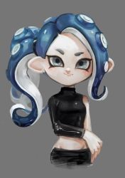 Rule 34 | 1girl, blue eyes, blue hair, closed mouth, grey background, groin, long hair, long sleeves, looking at viewer, lowres, nintendo, octoling, octoling girl, octoling player character, oimo (oimkimn), side ponytail, single bare shoulder, single sleeve, sleeveless, smile, solo, splatoon (series), splatoon 2, splatoon 2: octo expansion, suction cups, tentacle hair
