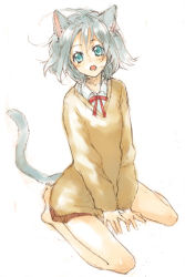Rule 34 | 1girl, animal ears, cat ears, cat tail, full body, grey hair, original, sakamoto atsumu, simple background, solo, sweater, tail, white background
