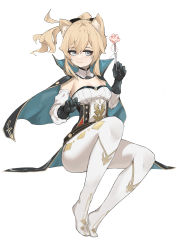 Rule 34 | 1girl, absurdres, animal ears, bare shoulders, black bow, black gloves, blonde hair, blue capelet, blue eyes, bow, capelet, cat ears, commentary request, detached collar, detached sleeves, genshin impact, gloves, hair between eyes, hair bow, highres, holding, jean (genshin impact), k soumao, kemonomimi mode, looking at viewer, medium hair, no shoes, pantyhose, shirt, simple background, smile, solo, strapless, strapless shirt, white background, white pantyhose, white shirt