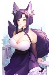Rule 34 | 1girl, absurdres, animal ear fluff, animal ears, artist name, awful queen (vtuber), breasts, dress, fox ears, fox girl, fox tail, heterochromia, highres, indie virtual youtuber, large breasts, looking at viewer, mole, mole under eye, monster girl, obychny, purple hair, purple tail, tail