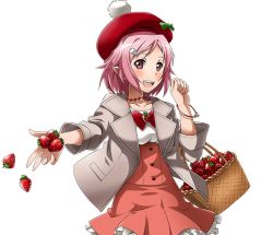 Rule 34 | 1girl, :d, blush, bonnet, collarbone, dress, food, frilled dress, frills, fruit, grey jacket, hair ornament, hairclip, hat, high-waist skirt, jacket, jewelry, lisbeth (sao-alo), looking at viewer, mob cap, necklace, open jckat, open mouth, outstretched arm, pink hair, pointy ears, red dress, red eyes, red hat, short dress, short hair, skirt, smile, solo, strawberry, sword art online, transparent background, upper body