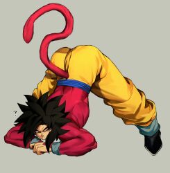 Rule 34 | 1boy, absurdres, arched back, arm rest, biceps, black hair, blue sash, blue wristband, body fur, dragon ball, dragon ball gt, flexible, full body, gigatan d, hands on ground, highres, jack-o&#039; challenge, legs apart, long hair, looking at viewer, male focus, meme, monkey boy, monkey tail, muscular, muscular male, no nipples, pants, pectorals, red fur, saiyan, sash, simple background, solo, son goku, spiked hair, spread legs, stretching, super saiyan, super saiyan 4, tail, top-down bottom-up, wide spread legs, yellow eyes, yellow pants