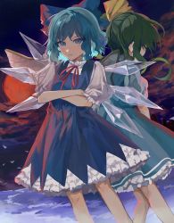 Rule 34 | 2girls, absurdres, aqua dress, back-to-back, blue bow, blue dress, blue eyes, blue hair, bow, cirno, cloud, commentary request, crossed arms, daiyousei, dress, fairy wings, feet out of frame, from behind, green hair, hair bow, hair ribbon, highres, ice, ice wings, lake, looking at viewer, moon, multiple girls, neck ribbon, one side up, petticoat, puffy short sleeves, puffy sleeves, red moon, red ribbon, ribbon, serious, shirt, short hair, short sleeves, touhou, white shirt, wings, yanfei u, yellow ribbon