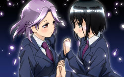 Rule 34 | 00s, black hair, green eyes, holding hands, kajiki yumi, purple hair, red eyes, saki (manga), school uniform, touyoko momoko