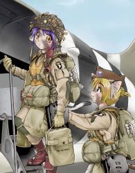 Rule 34 | 101 airborne, 2girls, aircraft, airplane, animal ears, army, camouflage, cat ears, cat tail, combat helmet, ebifly, garrison cap, hat, helmet, m1 helmet, military, military uniform, multiple girls, parachute, paratrooper, patch, shoulder patch, soldier, tail, uniform, united states, united states army, world war ii