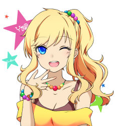 Rule 34 | 1girl, :d, artist name, bare shoulders, blonde hair, blue eyes, bracelet, breasts, character name, cleavage, collarbone, commentary request, hand up, idolmaster, idolmaster cinderella girls, jewelry, large breasts, looking at viewer, necklace, ohtsuki yui, one eye closed, open mouth, ponytail, short sleeves, simple background, smile, solo, star (symbol), upper body, w, white background, yurippe (filledelis)