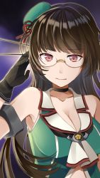 Rule 34 | 10s, 1girl, black gloves, breasts, brown hair, choker, choukai (kancolle), choukai kai ni (kancolle), cleavage, commentary request, glasses, gloves, hair ornament, hat, kantai collection, large breasts, long hair, looking at viewer, red eyes, rimless eyewear, solo, yuna (yukiyuna)