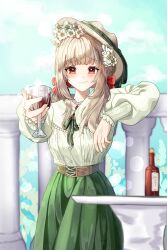 Rule 34 | 1girl, absurdres, blush, bottle, bow, cowboy shot, cup, dress shirt, drinking glass, flower, gem, gganmaneul, green skirt, hair bow, hair flower, hair ornament, hand up, hat, highres, holding, holding cup, jewelry, light brown hair, long hair, looking at viewer, necklace, original, pendant, red eyes, red gemstone, shirt, skirt, skirt set, smile, smirk, solo, two side up, wine bottle