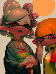 Rule 34 | 2girls, agent 4 (splatoon), anniversary, artist name, bellhenge, black kimono, blunt bangs, bow-shaped hair, cephalopod eyes, closed mouth, collared jacket, commentary, english commentary, fangs, flower knot, food, food-themed hair ornament, frown, green jacket, green sash, grey background, grey hair, hair ornament, hair ribbon, half-closed eyes, high collar, inkling, inkling girl, inkling player character, jacket, japanese clothes, kimono, long eyelashes, long sleeves, looking at viewer, marie (splatoon), medium hair, mole, mole under eye, multicolored clothes, multicolored jacket, multiple girls, nintendo, obi, open mouth, orange eyes, orange hair, own hands together, pink eyes, pointy ears, red ribbon, ribbon, sash, short hair, silver earrings, spiked hair, splatoon (series), splatoon 2, sushi, tassel, tassel hair ornament, tentacle hair, thick eyebrows, two-tone jacket, upper body, white jacket, wide sleeves, zipper
