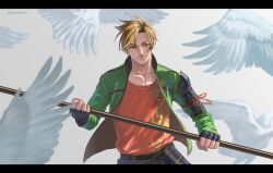 Rule 34 | 1boy, bird, bird wings, commentary request, feathered wings, fingerless gloves, gloves, green jacket, highres, holding, holding polearm, holding weapon, jacket, looking down, male focus, obonbom, otegine, polearm, red shirt, shirt, smile, touken ranbu, twitter username, weapon, white background, wings, yellow eyes