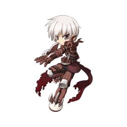 Rule 34 | 1boy, arm blade, armor, armored boots, black bodysuit, black eyes, bodysuit, boots, brown armor, brown cape, cape, chibi, closed mouth, foot up, full body, gauntlets, grey hair, guillotine cross (ragnarok online), leg armor, looking at viewer, male focus, medium bangs, official art, pauldrons, ragnarok online, short hair, shoulder armor, simple background, solo, tachi-e, torn cape, torn clothes, transparent background, v-shaped eyebrows, weapon, yuichirou