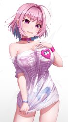 Rule 34 | 1girl, ahoge, bare shoulders, blue hair, bracelet, breasts, cleavage, collar, collarbone, earrings, fang, hand on own chest, heart, heart-shaped lock, heart on chest, highres, huge ahoge, idolmaster, idolmaster cinderella girls, jewelry, jirofly, large breasts, multicolored hair, no pants, off shoulder, open mouth, pill earrings, pink collar, pink hair, pink wristband, ring, shirt, shirt tug, short hair, sidelocks, simple background, skeleton print, skull print, t-shirt, two-tone hair, wavy mouth, white shirt, yumemi riamu