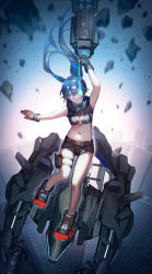 Rule 34 | 1girl, akqne, armpits, arms up, belt buckle, bikini, bikini top only, black gloves, black hair, black rock shooter, black rock shooter: dawn fall, black rock shooter (character), black shorts, blue eyes, breasts, buckle, cleavage, closed mouth, flaming eye, floating hair, full body, gloves, grey bikini, grey gloves, groin, hair between eyes, highres, holster, long hair, looking at viewer, midriff, navel, short shorts, shorts, small breasts, solo, stomach, swimsuit, thigh holster, twintails, very long hair